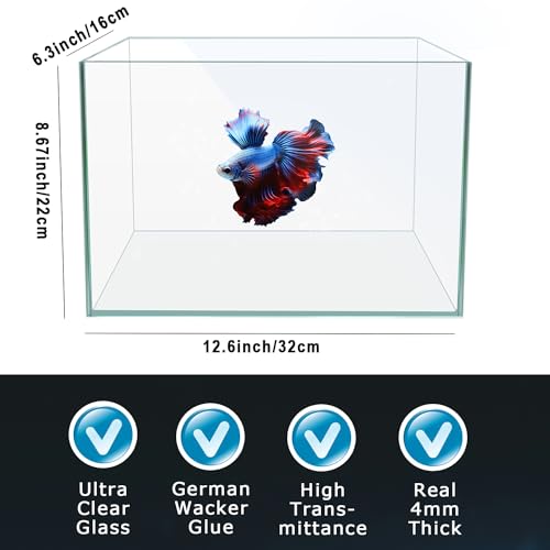 3 Gallon 12.6" L Fish Nano Glass Aquarium, with Separator Plate for Betta, Multi-Functional Square Fish Tank with Filter, LED Light, White 4mm Glass - color: Ultra-white