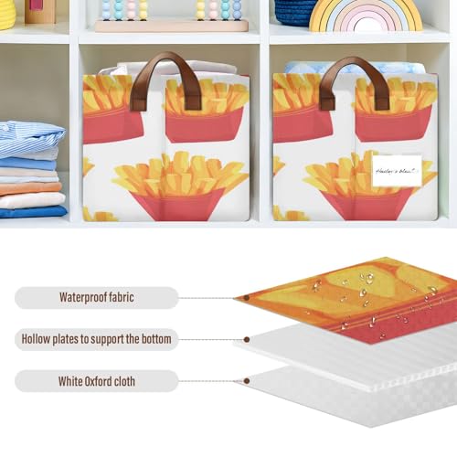 Ollabaky Collapsible Rectangular Closet Storage Bin Fast Food French Fries Shelf Basket Box with Leather Handles - Storage Cube, Nursery Storage, Laundry Hamper