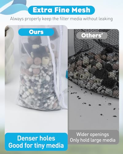 Pawfly 4 Pack Aquarium Filter Media Bags with Drawstring 150 Micron Aquarium Mesh Bag for Fine Resins, Activated Carbon, Bio Filter Balls, 8" x 3" Ceramic Rings
