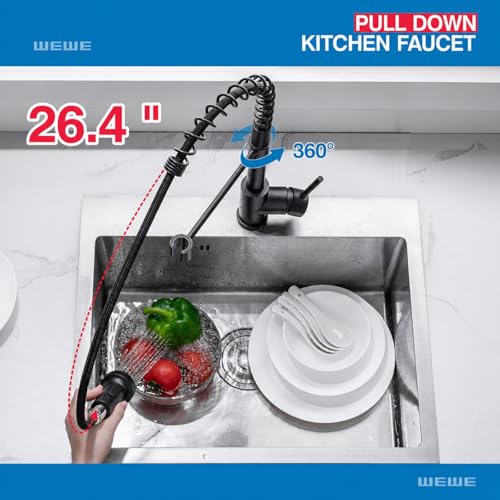 WEWE Faucet for Kitchen Sink, Kitchen Faucets Black Stainless Steel Commercial Spring Kitchen Faucet with Pull Down Sprayer, One Hole or 3 Hole Kitchen Faucet for RV Outdoor Farmhouse Camper Bar Sinks - color: Matte Black, style: Antique