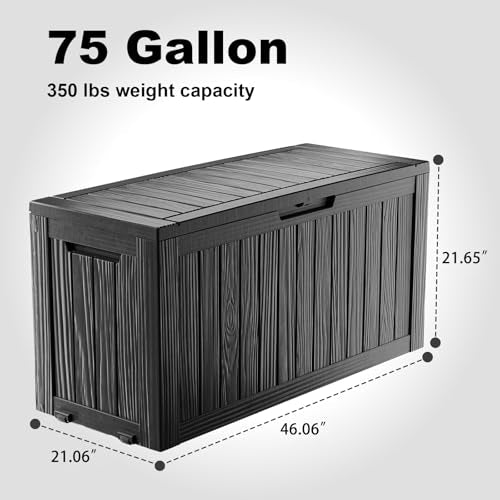 PatioZen 75 Gallon Resin Deck Box, Lockable Patio Outdoor Storage Box for Furniture, Garden Tools and Tools Storage, Waterproof Outside Storage Boxes - Black - color: Black, size: 75 Gallon