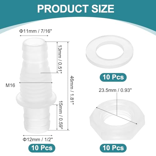 uxcell 10Pcs Plastic Hose Barb Fitting, 7/16" x 1/2" Bulkhead Adapter Union Splicer Mender Pipe Connector with M16 Nut and Washer for Aquarium Air Water Fuel - size: 7/16" x 1/2", M16 Nut