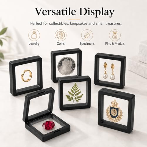 6 Pack 3D Floating Display Case, Freestanding Clear Suspension Frame and Jewelry Holder for Challenge Coins, Enamel Pins, Rocks, Rings and Plant Specimens - color: White, size: 2.7*2.7*0.8