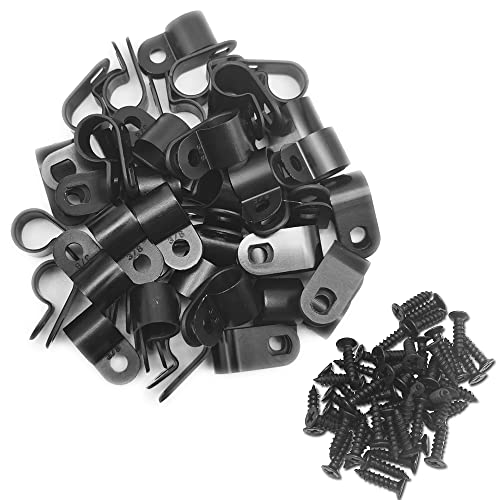 Cable Clamp R-Type Cable Clip Wire Clamp 3/8" Nylon Screw Mounting Cord Fastener Clips with Screws for Wire Management - Black - 50 Pcs - size: 3/8" Black