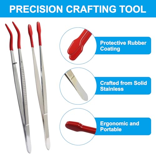 2PCS Rubber Tipped Tweezers,PVC Coated Precision Tweezers Hobby Craft Tweezers Set,Long Bent and Straight Flat Tip Tweezers for Crafts Stamps Coin Beads Jewelry Industrial Electronic Lab(Red)