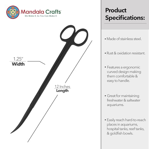 Mandala Crafts 12 Inches Black Stainless Steel Curved Aquarium Scissors for Trimming Aquatic Plants – Bent Aquascape Scissors for Fish Tanks, Hospital Tanks, Goldfish Bowls, and Terrariums - color: Black Curved Scissors, size: 12 Inches