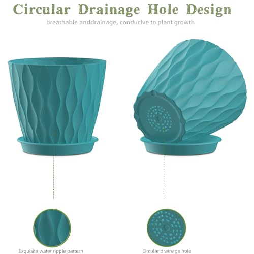 4 Inch Plant Pots, 6 Pack Indoor Flower Pots, Planters with Drainage Holes and Trays for Orchids, Violets, Succulents, Herbs, and Other Plants,Blue-Green - color: Blue-green, size: 4inch