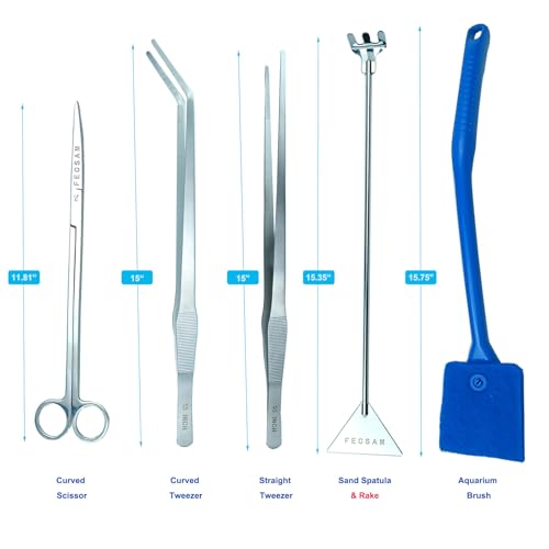 Aquarium Aquascape Tools Kit, 15 inch Stainless Steel Includes Brush, Tweezers/Feeding Tongs, Scissors, Spatula, Algae Scraper, Rake, for Fish Tank Cleaning Scrubbing, Trimming