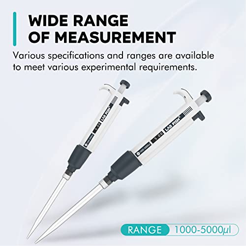 LAB FISH Laboratory Micropipette 1000-5000ul Capacity Range High Accurate Single Channel Pipettor Manual Adjustable Volume Pipettes Increment 50ul with 40pcs 5000ul Pipette Tips Set - style: 1000-5000ul Set