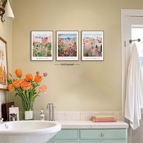 XLARTMY Flower Market Wall Art Prints Canvas Orange and Pink Floral Paintings Colorful Botanical Travel Flower Posters for Home Decor Pictures Set of 3 for Living Room Bedroom 12x16in Unframed - color: Flower Market ORange-2, size: 12x16in Poster