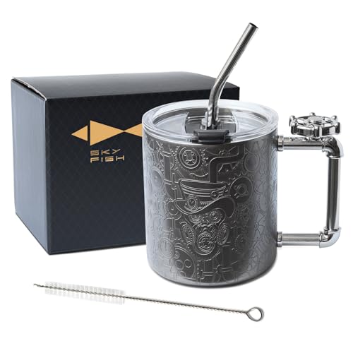 Sky Fish 3D Etching Novelty Coffee Mugs Stainless Steel Beer Travel Mugs Water Cup for Cold Beverage Drink Funny coffee tumbler with Rotating Bearing Handle with Lid and Straw,Dark Gray, 12oz