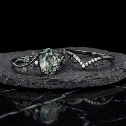 Natural Moss Agate Engagement Ring Set for Women, Unique Genuine Moss Agate Ring, 925 Sterling Silver 10K 14K 18K Solid Gold Nature Inspired Bridal Set, Boho Wedding Jewelry Gift - color: Five