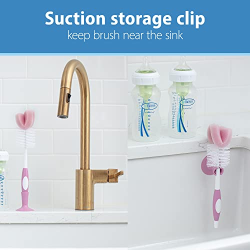 Dr. Brown's Reusable Sponge Baby Bottle Cleaning Brush Set with Suction Cup Stand, Scrubber and Nipple Cleaner, Pink, 3 Pack - color: Pink Bottle Brush, size: 3-Pack