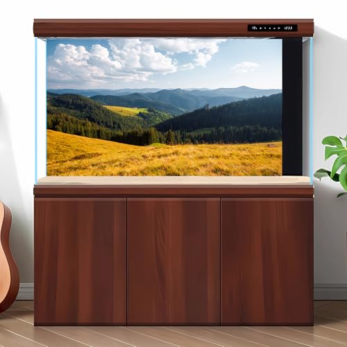 Mountain Valley Aquarium Background Cloudy Blue Sky Pine Trees Fish Tank Background Mountain Peaks Nature Landscape Reptile Enclosure Backgrounds Sunny Countryside Meadow Tank Backgrounds 24x12in - color: Green_Brown, size: 24(W)x12(H)inches/ 60(W)*30cm(H