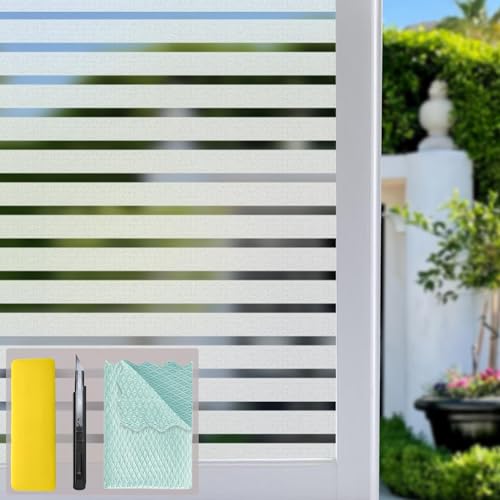 Bloss Window Film Striped Window Decal Non-Adhesive Privacy Film, Vinyl Glass Film Window Tint for Home Kitchen and Office (17.7" x 78.7",1 Roll) - color: Wide Stripe, size: 17.7" x 78.7"