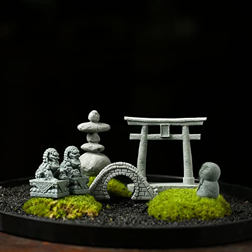 6 PCS Mini Zen Garden Accessories, Miniature Garden Bridge Foo Dogs Torii Gate Sandstone Figurines Meditation Zen Decor Japanese Fish Tank Terrarium Decorations Plant Pots Bonsai Craft Decor (M) - style: Garden