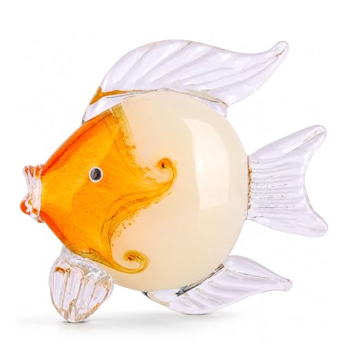 QIANLING Glass Fish Figurines - Coastal Home Decor, Modern Ocean Centerpieces for Living Room, Dining Area, Bathroom, Office, Coffee Table, Beach House, Nautical, Seaside, Entrance, Shelf Display - color: Orange & White Fish