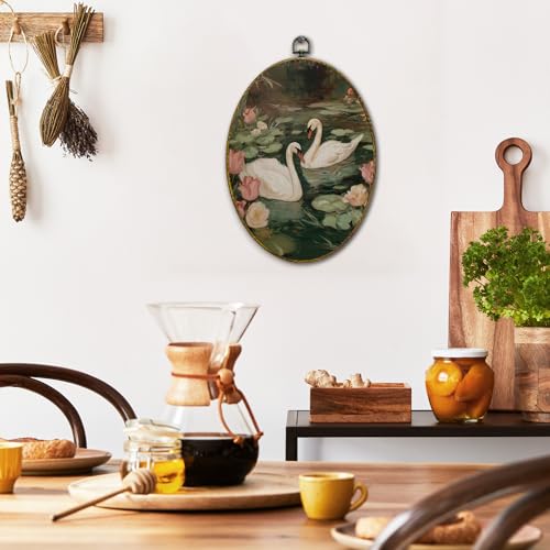 XFCICRLJ Vintage Floral Swan Wall Art Decor, Rustic Farmhouse Swan Oval Canvas Prints Framed, Cottagecore Botanical Elegant Animals Wall Art Decorations for Home Bedroom Living Room Decor, 11x8.5 Inch - color: Swan04