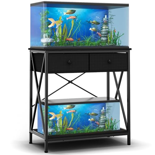 Fish Tank Stand for 20-29 Gallon Fish Tank: Aquarium Stand with Accessories Storage, Metal Tank Table with Drawer Perfect for Turtle Reptile Terrarium, 30.7'' L x 16.5'' W, 330 LBS Capacity