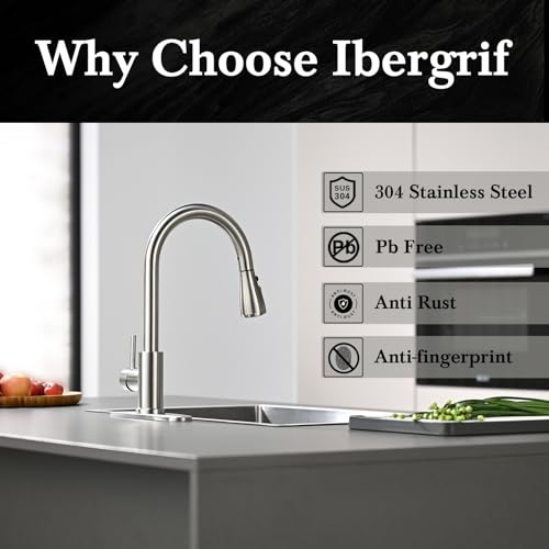 Ibergrif Kitchen Faucets with Pull Down Sprayer, Single Handle High Arc Brushed Nickel Stainless Steel 1 or 3 Hole Kitchen Sink Faucet with Deck for RV Laundry Farmhouse Bar