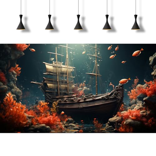 Pirate Shipwreck Aquarium Background Under The Sea Coral Reefs Fish Tank Background Underwater Sunken Ship Landscape Terrarium Background Tropical Sea Marine Life Aquarium Tank Background 72x24in - color: Red, size: 72(W)x24(H)inches/ 180(W)*60cm(H)