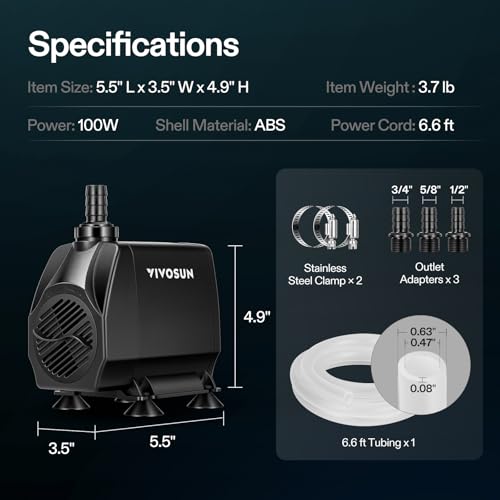 VIVOSUN 1050 GPH 100W Submersible Water Pump, Quiet Fountain Pump With 13.1 ft Head Lift, 6.6 ft Power Cord, 3 Nozzles, Tubing, & 2 Clamps, For Fish Tank, Pond, Aquarium, Hydroponics - size: 1050 GPH With Tubing