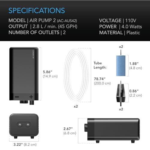 AC Infinity Air Pump One-Outlet Adjustable Oxygen Pump Kit with Tubing, Check Valve, and Air Stone, for Aquariums, Ponds, and Hydroponics Systems - size: 5.86 L Inch x 3.22 W Inch x 2.67 H Inch