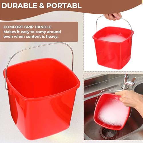 Kifmurase 6 Pcs 3 Quart Plastic Cleaning Bucket, Small Square Detergent Pail with Handles, Utility Bucket for Home, Office, Kitchen, School, Commercial Use,（Red）