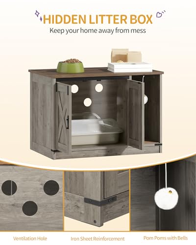 Hzuaneri Cat Litter Box Enclosure, Hidden Litter Box Cabinet Furniture with Bell, Indoor Cat House, Farmhouse Style, 31.5 x 19.7 x 20.9Inches, for Hallway, Bedroom, Light Ivory and Brown CB82405X - color: Light Ivory and Brown, size: 31.5"L x 19.7"W x 20.