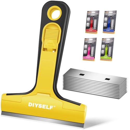 DIYSELF 1 Pack Razor Blade Scraper with 10 Extra Razor Blades, Scraper Tool, Glass Scraper for Cleaning, Glass Stove Top Scraper, Window Scraper, Paint, Cooktop, Oven Scraper, Razor Scraper Tool - color: Yellow, size: 10PCS Metal Blades