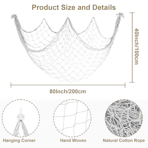 2 Pack Decoractive Fishing Net 80x40 Inch, 3mm Off White Natural Cotton Large Picture Wall Hanging Fish Net, Halloween Party Decorations Fishnet for Tropical Nautical Pirate Beach Mermaid Themed Party - color: White, size: Large - 2 Pack