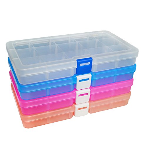 DUOFIRE Plastic Organizer Container Storage Box Adjustable Divider Removable Grid Compartment for Jewelry Beads Earring Container Tool Fishing Hook Small Accessories (15 grids, 4 Colors) - color: 4 Colors - 15 Grids, size: 4 pack