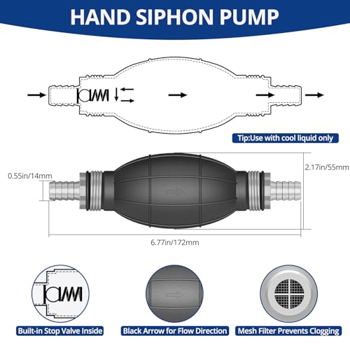 Siphon Pump - Gasoline Transfer Pump, Portable Hand Fuel Siphon Pump with 10 Ft PVC Hoses, Manual Gas Syphon Pump for Oil, Diesel, Water, Liquid, Fluid - color: White