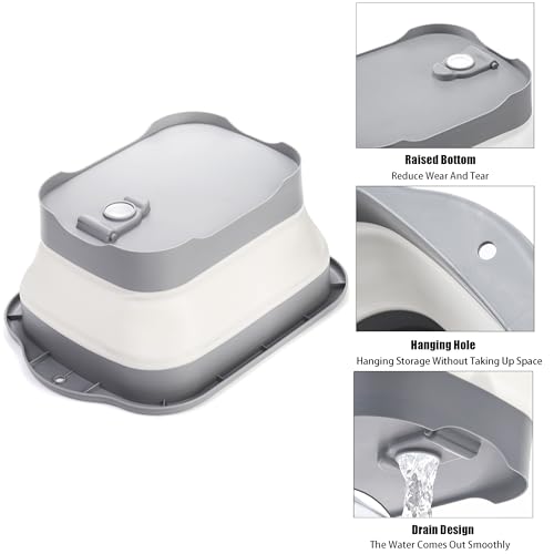 Nicunom 2 Pack Collapsible Wash Basin, 11L Large Collapsible Dish Tub with Drain Plug 3 Gallons Portable Sink Dish Basin Foldable Dishpan Space Saving for RV, Camping Dish Washing Tub