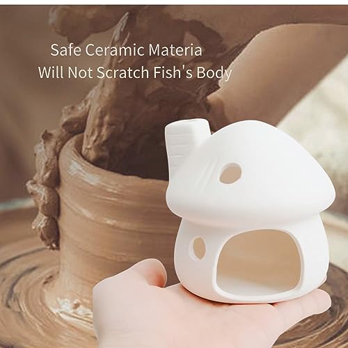 Ceramic Mushroom with Betta Hideout Cave Aquarium Decorations, Cute Fish Tank House with Cave Set for Amano Shrimp Cichlid Bonsai Goldfishes to Play, Hide and Rest - White - color: White Set