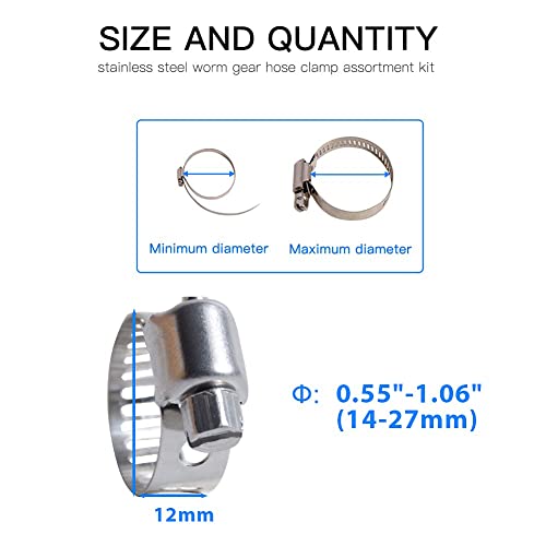 Quickun 20Pcs 1" Stainless Steel Hose Clamp Worm Gear Clamps Adjustable 0.55"-1.06"(14-27mm) Range, Fuel Line Clamp for Water Pipe, Hose Clips, Automative and Mechanical Application - size: 0.55"-1.06"