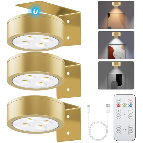 Picture Lights for Wall, 3 Lighting Modes Magnetic Art Display Light,Rechargeable Battery Operated Led Painting Light with Remote Control Dimmable & Timer,3Pack Gold - color: Gold, size: 3 Pack