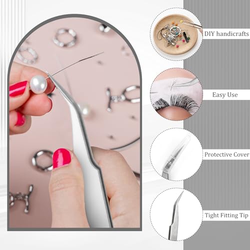 Honoson 9 Pieces Curved Pointed Craft Tweezers Stainless Steel Precision Tweezer with Protective Cover for Rhinestones Dried Flowers Craft Stickers Eyelash Extension Jewelry Making(Silver) - color: Silver