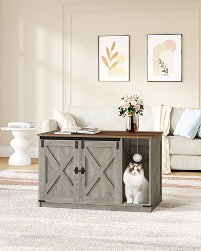 Hzuaneri Cat Litter Box Enclosure, Hidden Litter Box Cabinet Furniture with Bell, Indoor Cats House, Farmhouse Style, 39.4 x 21.7X 24.8 Inches, for Hallway, Bedroom, Greige CB85205X - color: Light Ivory and Brown, size: 39.4"L x 21.7"W x 24.8"H