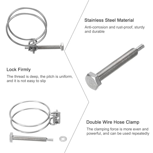 uxcell 6Pcs Double Wire Hose Clamp, 51-57mm Adjustable Stainless Steel Wire Hose Clips with M8 Bolt for Dust Collection Hose, Pump Hose Pipe - size: 51-57mm