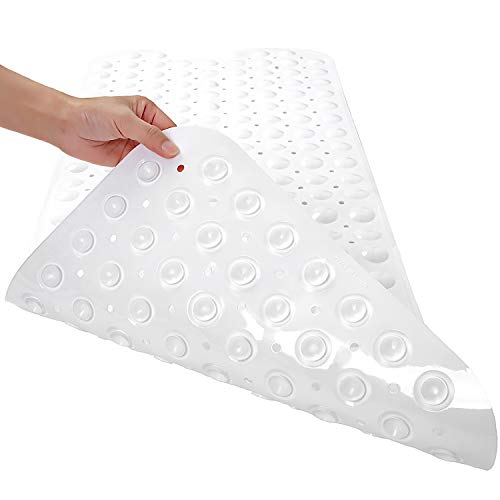 TEESHLY Bath Tub and Shower Mats, Non-Slip 39 x 16 Inch Extra Long Bathtub Mat, Machine Washable BathMat with Drain Holes, Suction Cups for Bathroom (Opaque White) - color: Opaque White