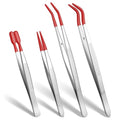 4 Pcs Tweezers with Rubber PVC Coated Set Precision Tweezers Straight Tip Rubber Flat Tip Long Bent Tweezer for Crafting, Jewelry, Electronics, and Lab Work