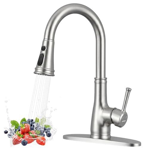 WEWE Vintage Kitchen Faucet with Pull Down Sprayer, Stainless Steel 1 or 3 Hole High Arc Single Handle Antique Sink Faucet for Classic Modern Ktichen, Brushed Nickel Bar & Prep Sinks - color: Brushed Nickel, style: Vintage