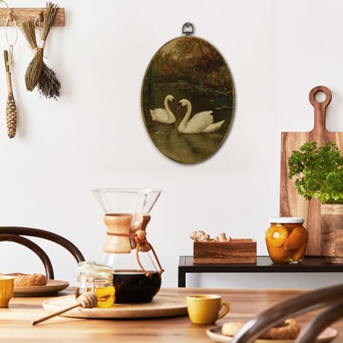XFCICRLJ Vintage Fall Swan Wall Art Decor, Rustic Farmhouse Swan Oval Canvas Prints Framed, Moody Cottagecore Antique Elegant Animal Wall Art Decorations for Home Bedroom Living Room Decor, 11x8.5 Inch - color: Swan01