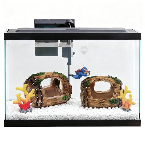 Aquarium Decoration Set with Driftwood Barrel, Coral Plants, Diver Figurine, Brown Green Blue Yellow Red, Resin Plastic, Medium, 5 Pieces