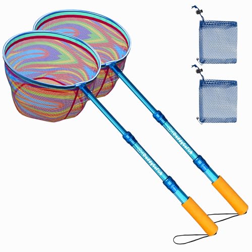 DaddyGoFish Kids Fishing Net - Extendable Telescopic Landing Net for Boy Girl Children Catching Small Fish Crab Shrimp Minnow Dragonfly Beach Pier Lake River Ocean - color: Style 1 (2 Pack, Blue + Blue)