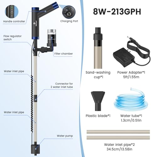fishkeeper Electric Fish Tank Cleaner – 8W Rechargeable Aquarium Cleaning Tools with Gravel Vacuum, 213GPH Automatic Water Changer with Debris Cleaning & Sand Washing for Freshwater Saltwater Tanks
