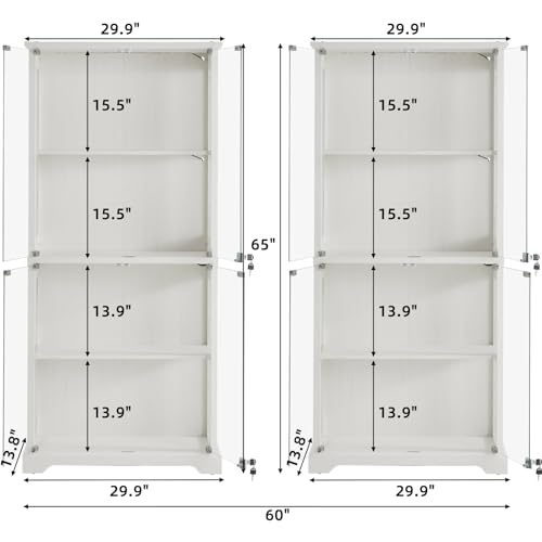 LELELINKY Farmhouse Glass Display Cabinet Set of 2 with Doors, Wooden Curio Cabinet for Collectibles with 3-Color LED Motion-Sensor Light & Reinforced Base, White - color: White, size: Set of 2