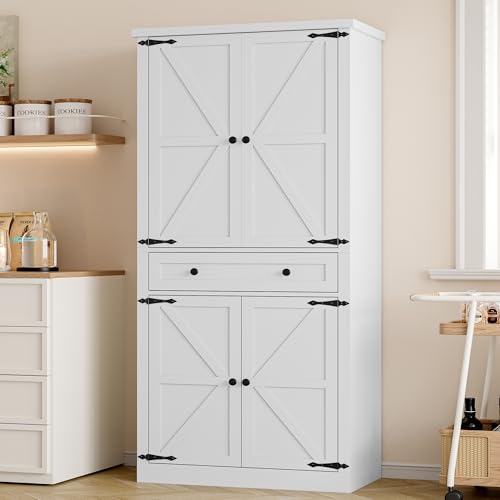 BORNOON Pantry Organizers and Storage Cabinet, 67.7” Barn Door White Kitchen Cabinet with Drawers and Adjustable Shelf, Tall Pantry for Kitchen, Dining Room, Living Room - color: White, size: Single Drawer