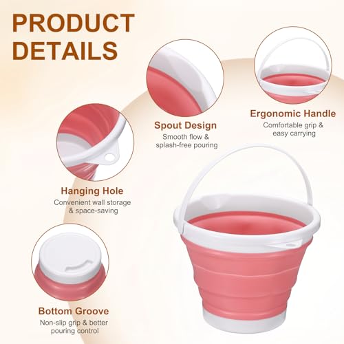 uxcell Collapsible Bucket, 1.3 Gallon (5L) Small Foldable Bucket, Portable Water Pail Round Tub Cleaning Tools with Handle for RV Camping Household Garden Fishing Car Wash, Pink - color: Pink